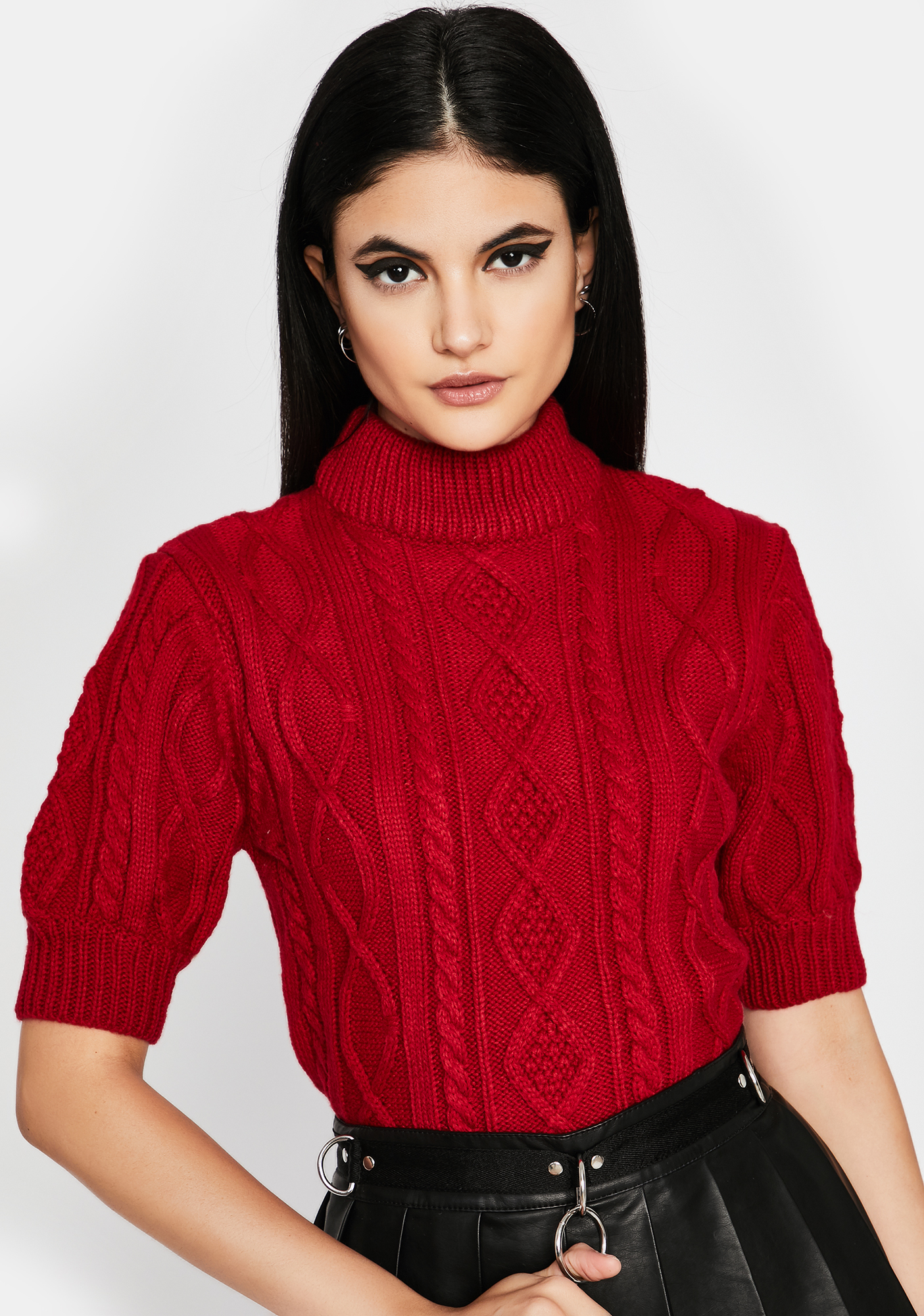 Cable Knit Turtleneck Mock Neck Short Puff Sleeve Sweater Red Dolls Kill