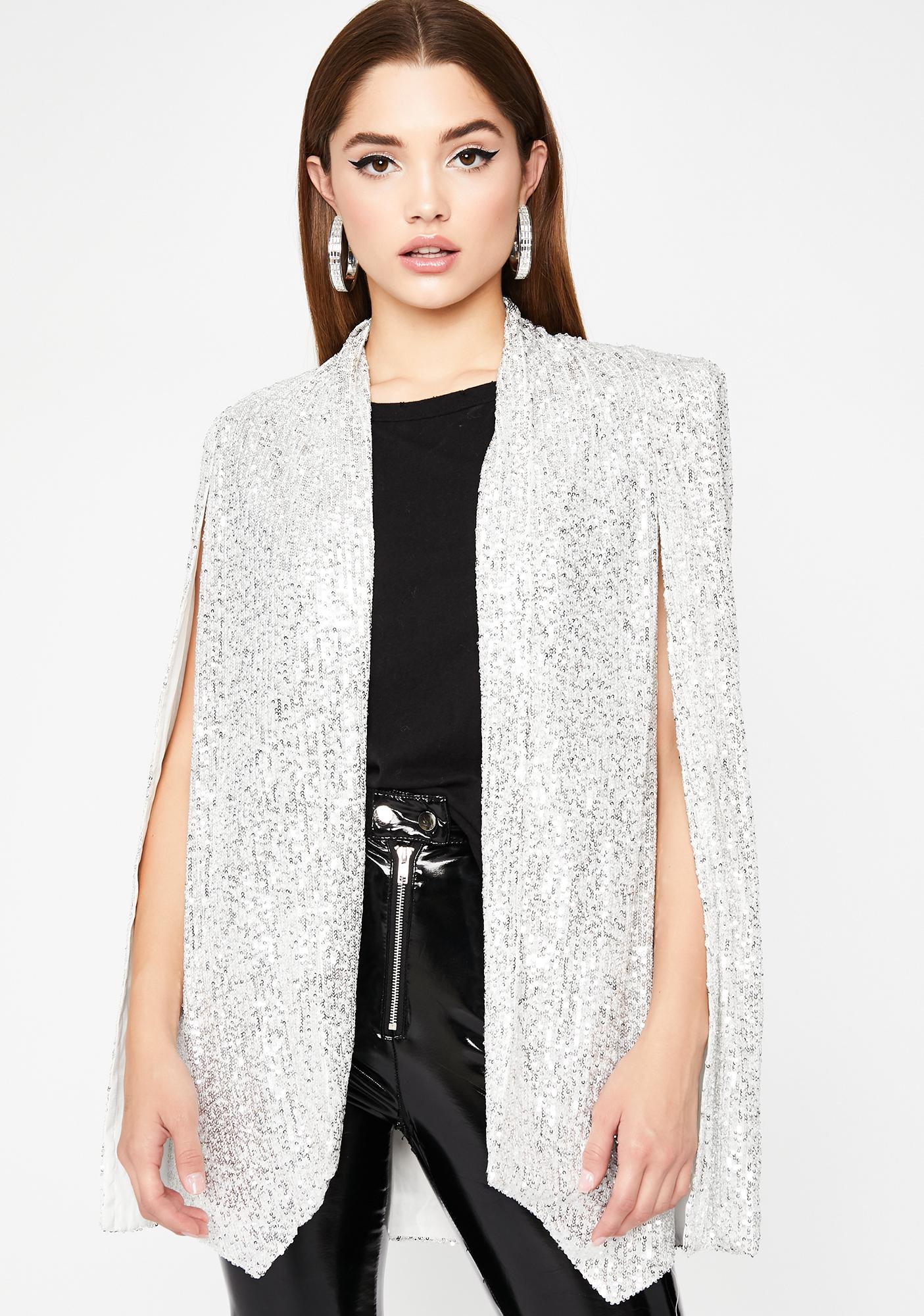 Silver Sequin Shoulder Pad Blazer Cape | Dolls Kill