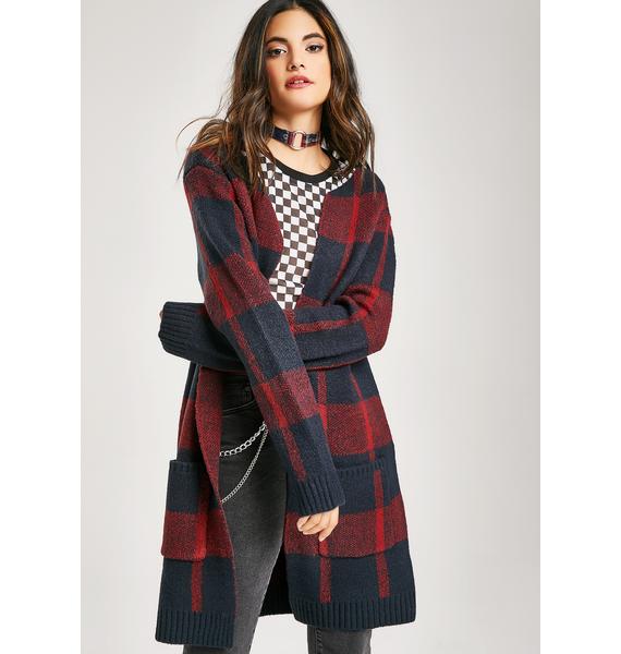 button front contrast binding plaid cardigan