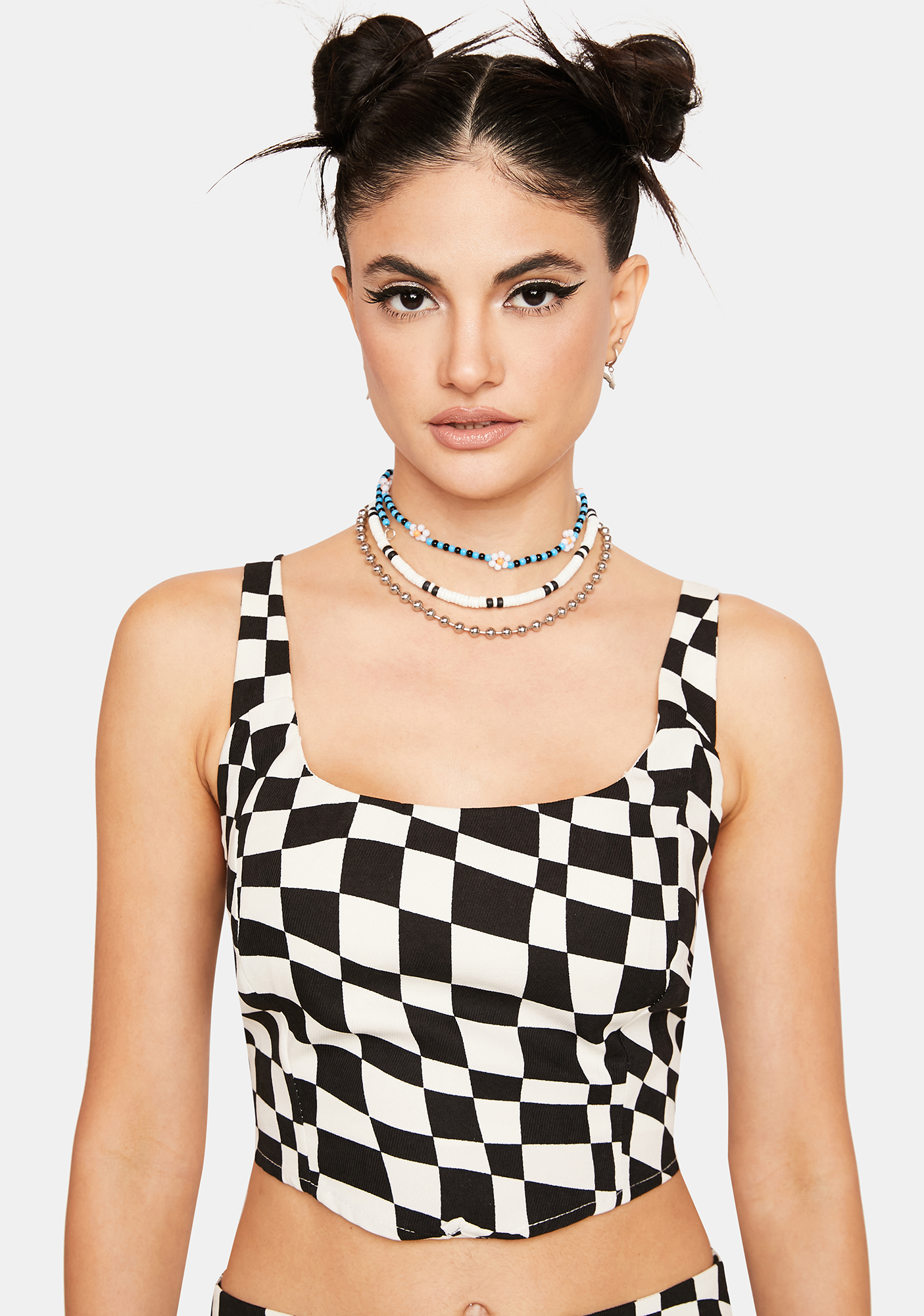 Abstract Checkered Print Crop Top White Black Dolls Kill