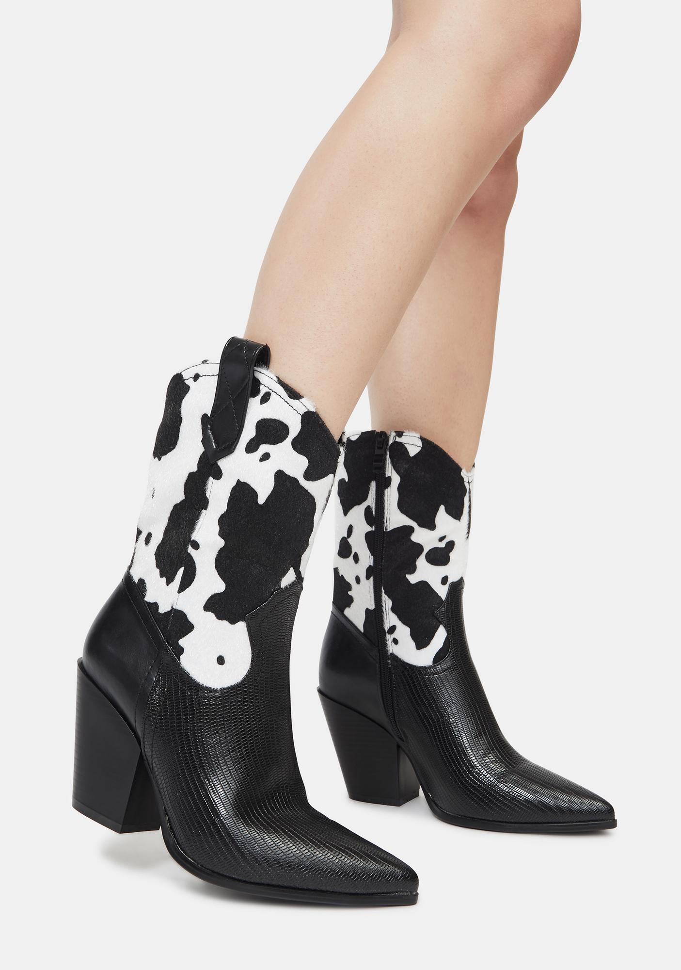 Cow Print Cowboy Ankle Heeled Boots - Black | Dolls Kill