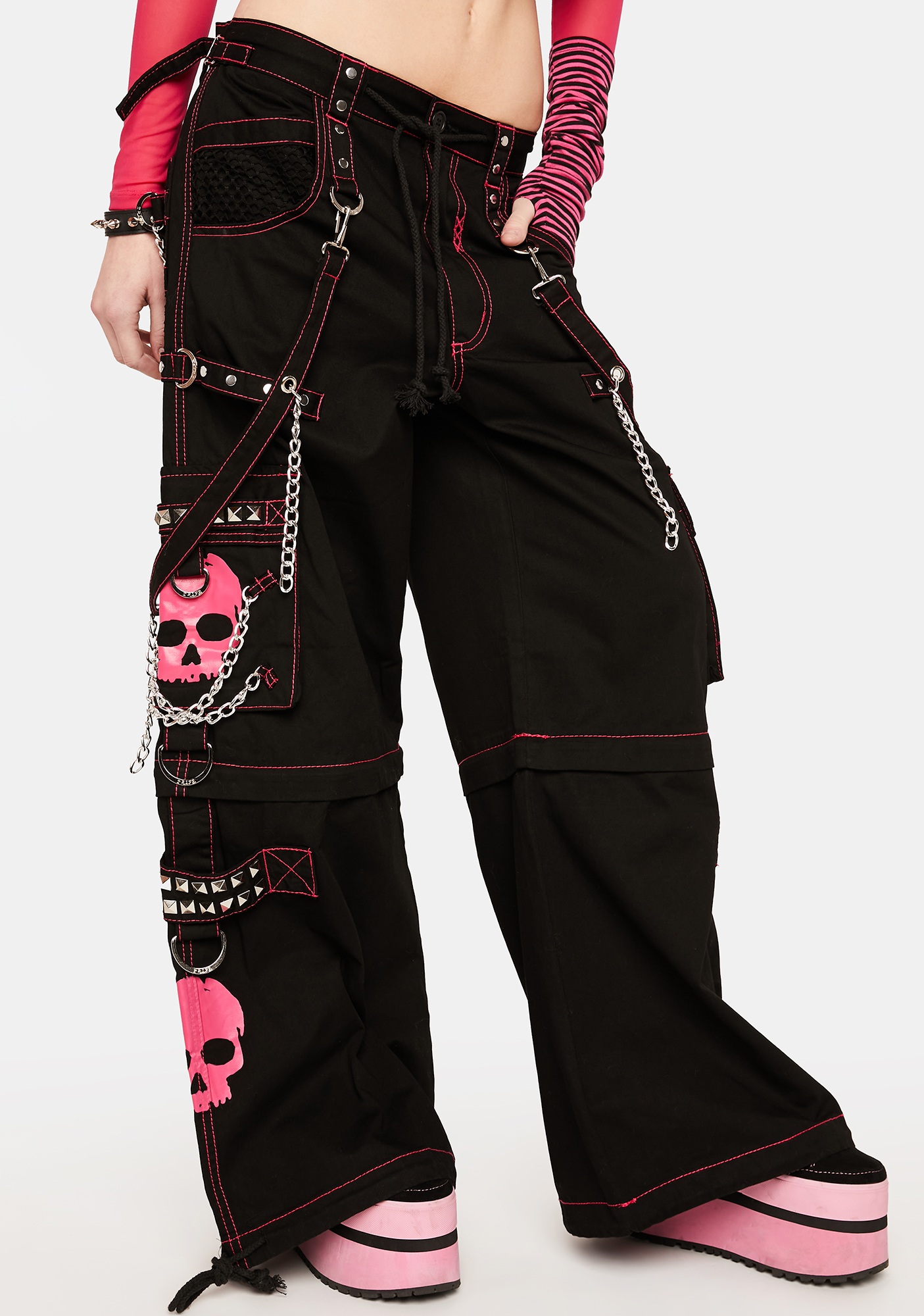 Tripp NYC Skull Studded Zip Off Wide Leg Pants - Black/Pink | Dolls Kill