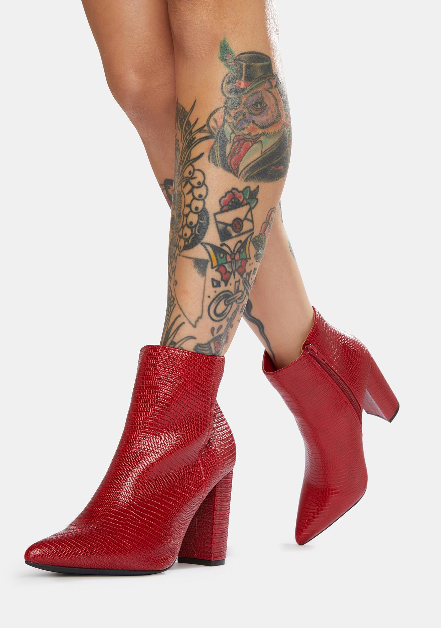 Shine Faux Leather Heeled Ankle Boots Red Dolls Kill