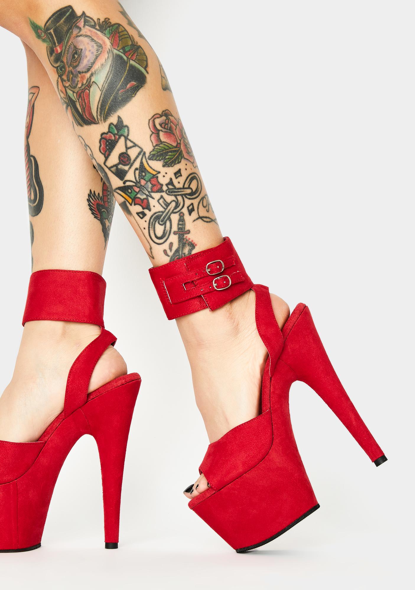 Pleaser Adore 791 Red Suede Chunky Buckle Platform Heels | Dolls Kill