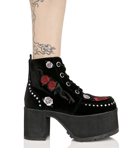 T.U.K. Black Velvet Platform Wedges Dolls Kill