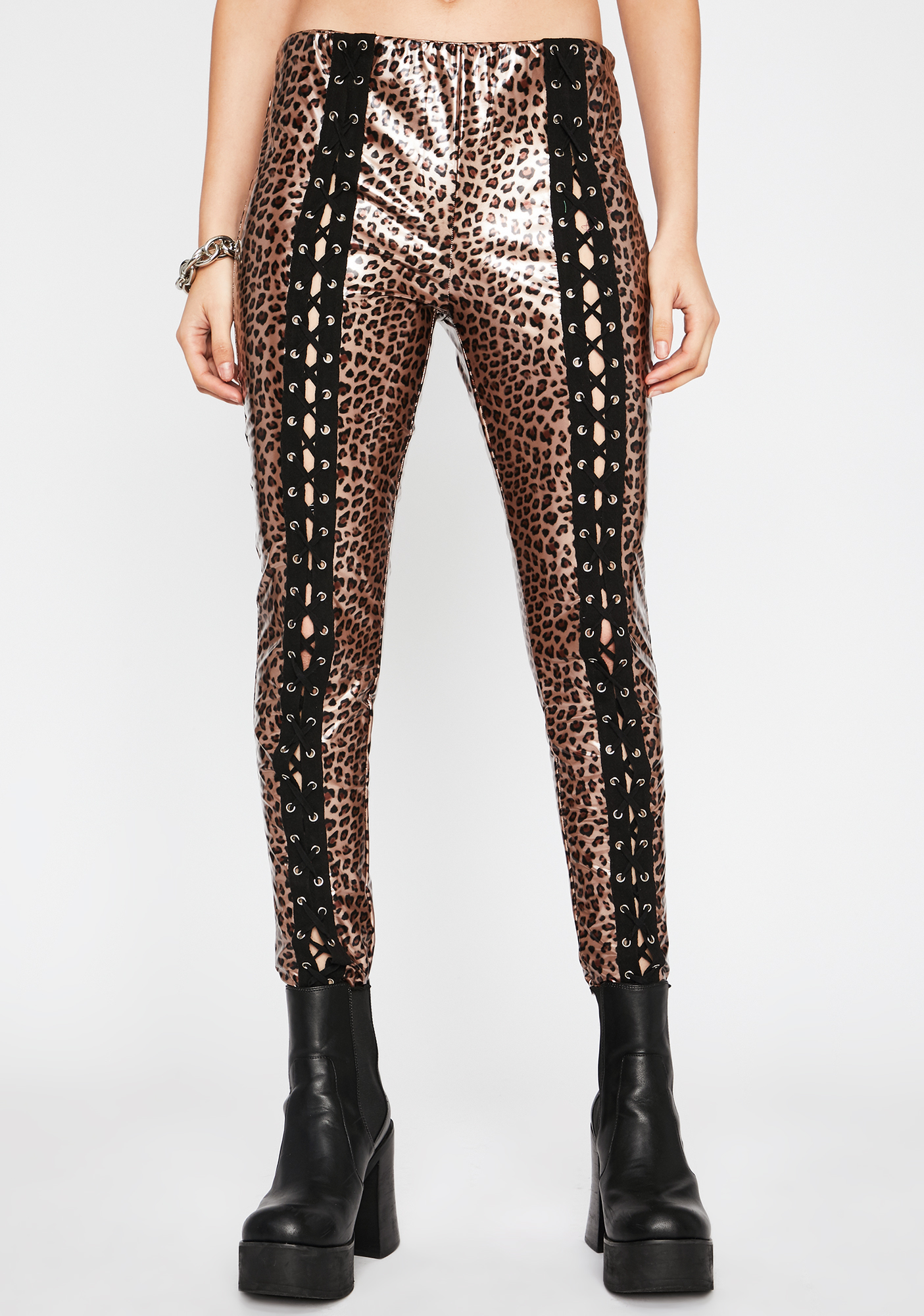Front Lace Up Vegan Leather High Waist Pants Leopard Animal Print ...