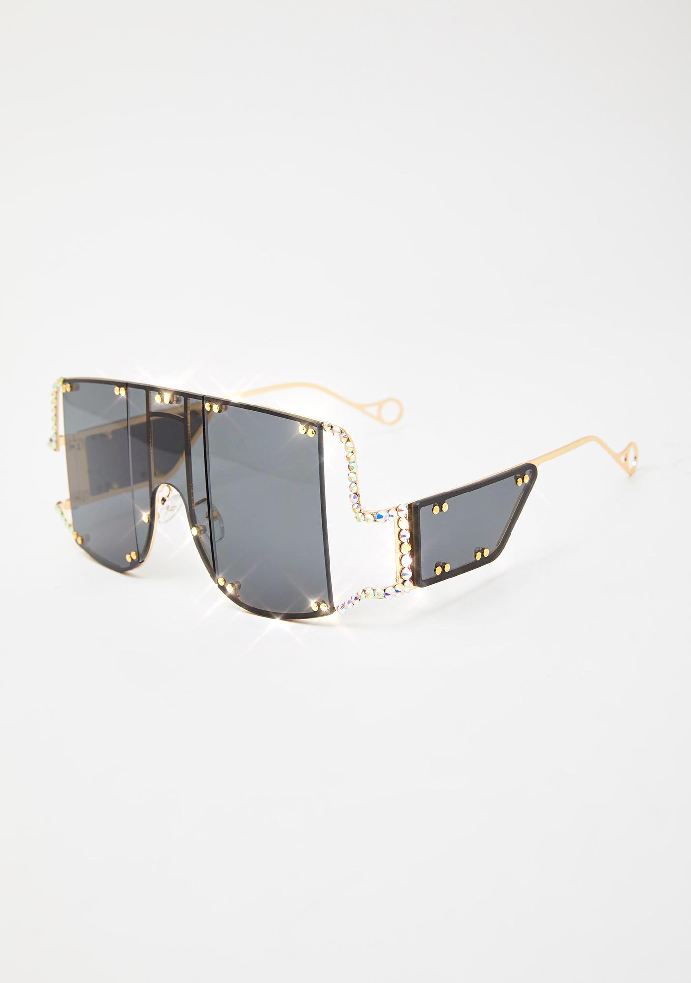 Rhinestone Trim Oversized Aviator Sunglasses - Black Gold | Dolls Kill