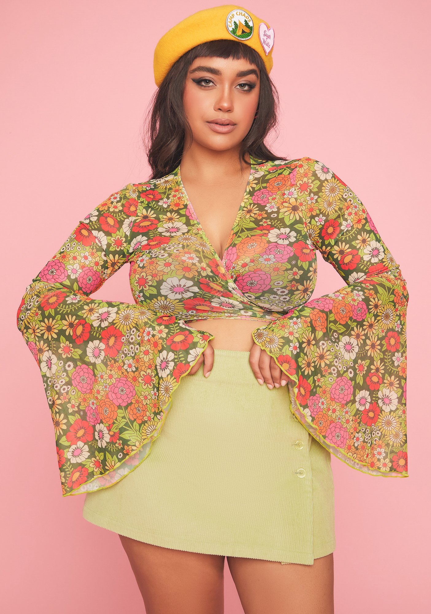 Plus Size Sugar Thrillz 60s Floral Print Wrap Mesh Crop Top Green Dolls Kill 0100