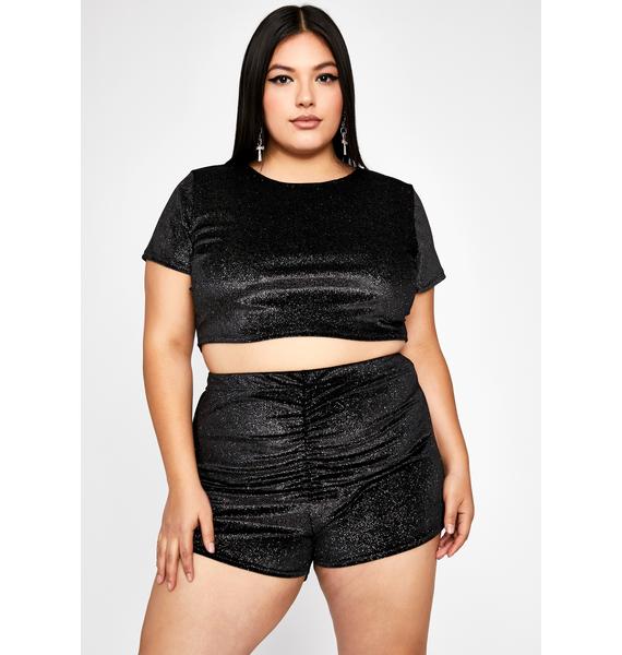 Plus Size Glitter Crop Top Booty Shorts Ruched Set Baby Tee Stretchy