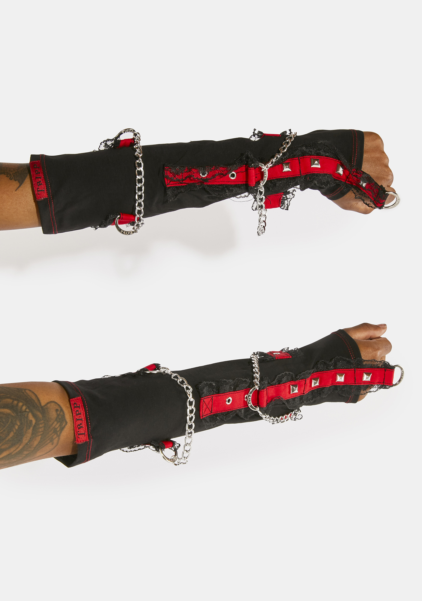 Tripp NYC Lace Arm Warmer Gloves Black/Red Dolls Kill
