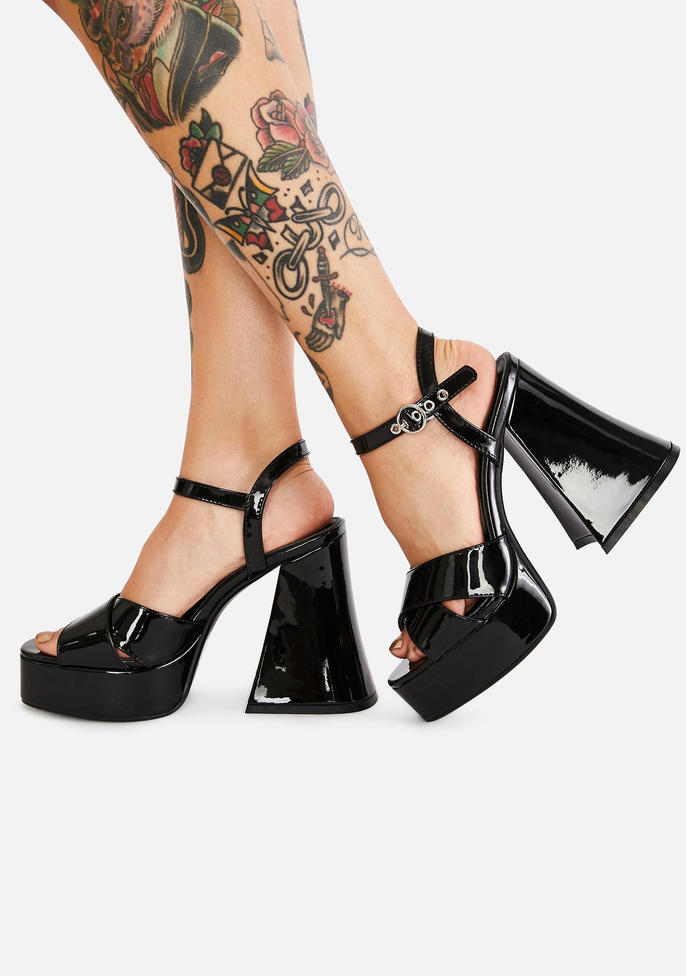 Lamoda Faux Patent Leather Strap Platform Sandals - Black | Dolls Kill