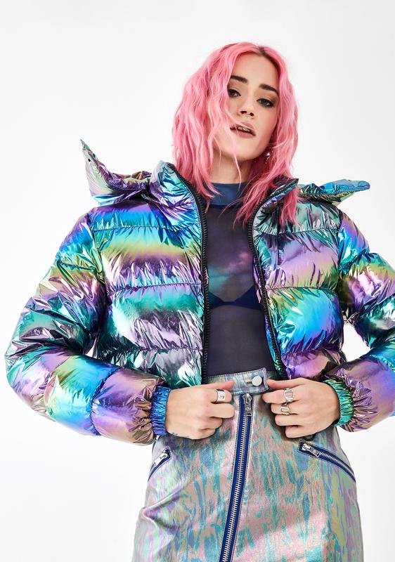Curent Mood Holographic Rainbow Crop Puffer Jacket | Dolls Kill