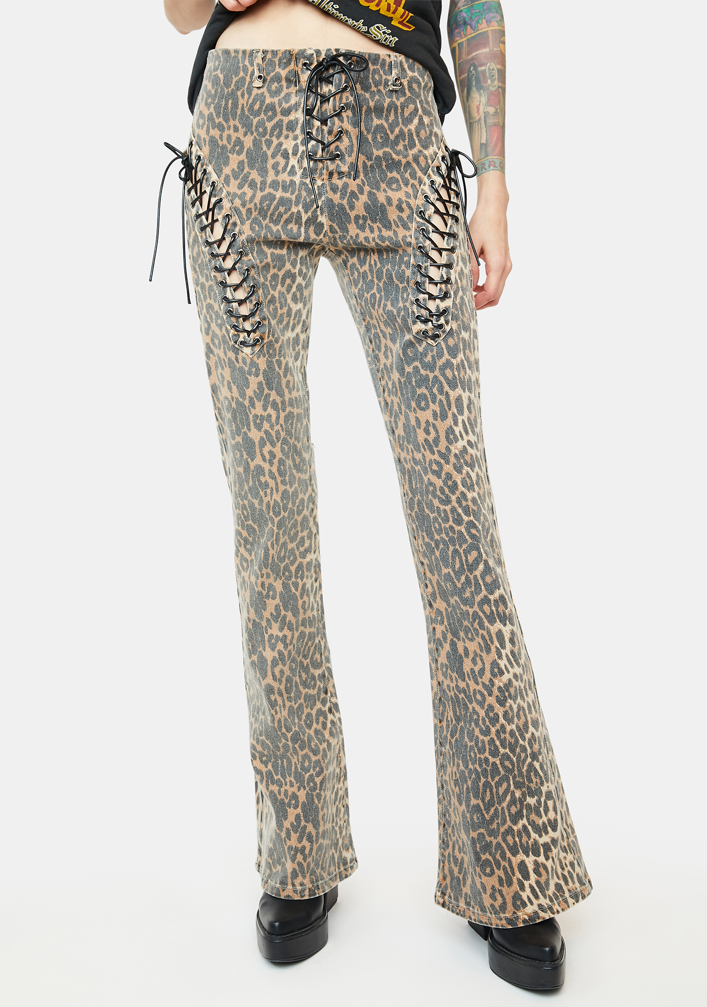 Edikted Leopard Lace Up Cut Out Jeans Dolls Kill