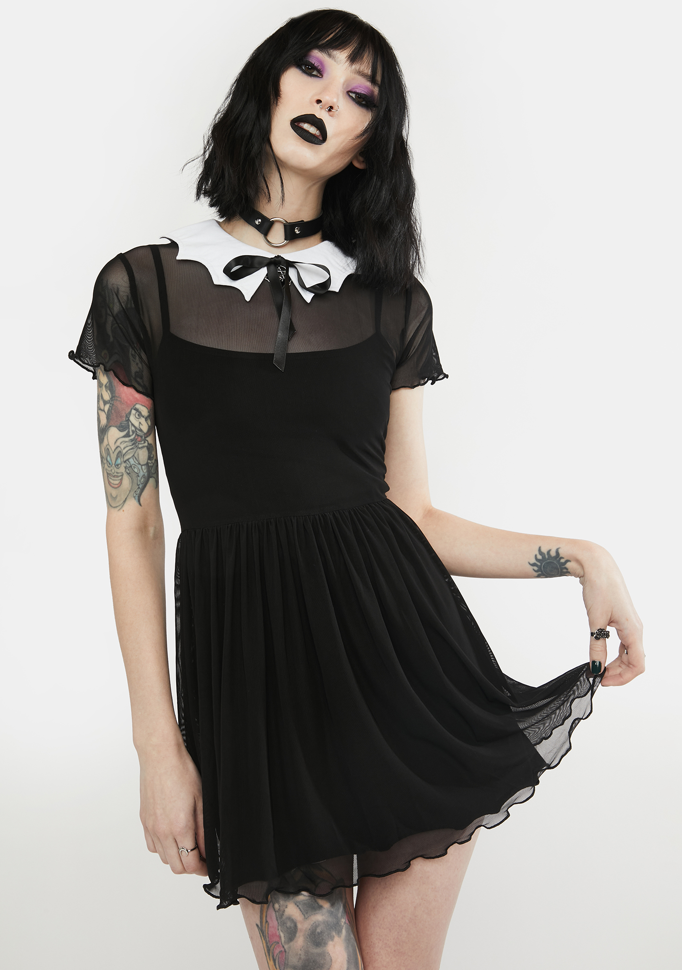 The Grave Girls Mesh Mini Dress With Contrast Collar - Black | Dolls Kill