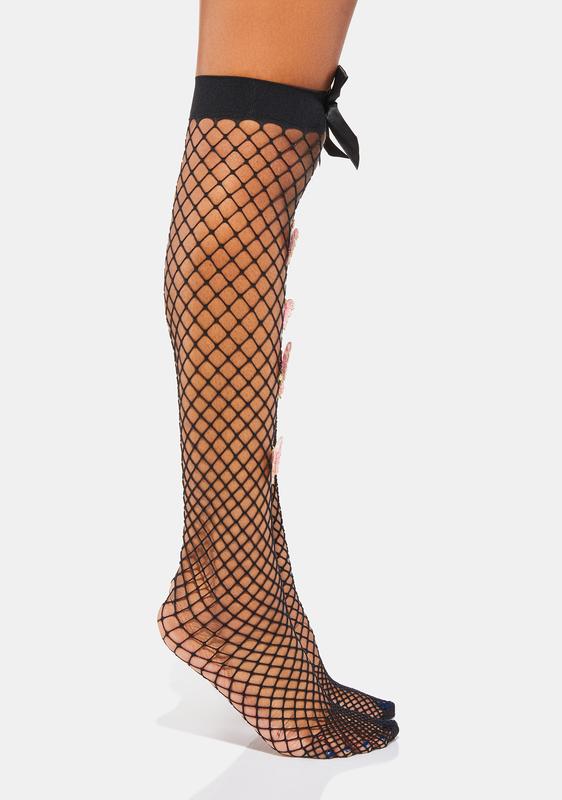 Butterfly Bow Fishnet Thigh High Socks 