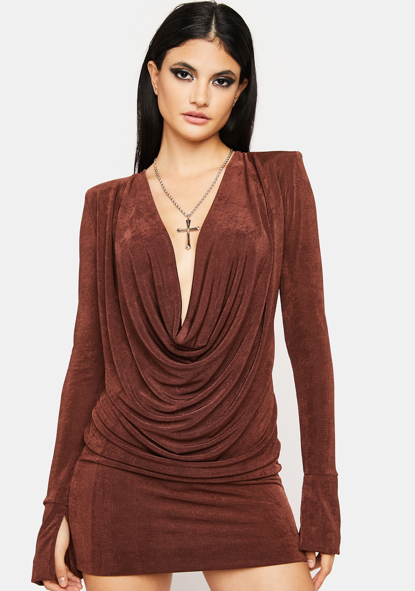 Deep Cowl Neckline Mini Dress Brown Dolls Kill 