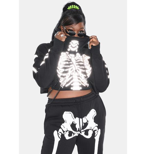 Plus Size Dolls Kill Halloween Reflective Skeleton Crop Hoodie Black
