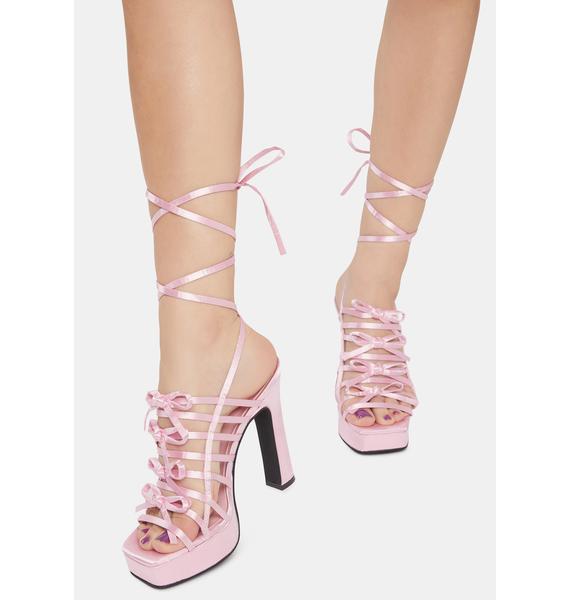 Sugar Thrillz Strappy Bow Wrap Heels - Pink | Dolls Kill