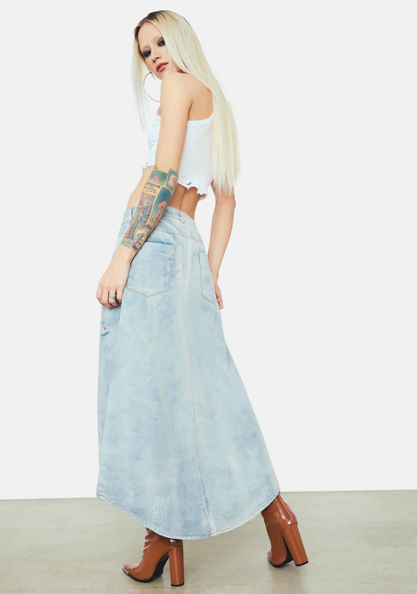 Vintage Denim Circle Skirt With Middle Slit Light Blue Wash Dolls Kill