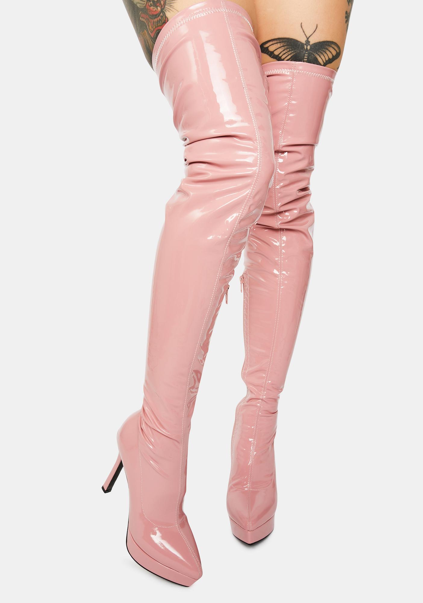pink patent thigh high boots