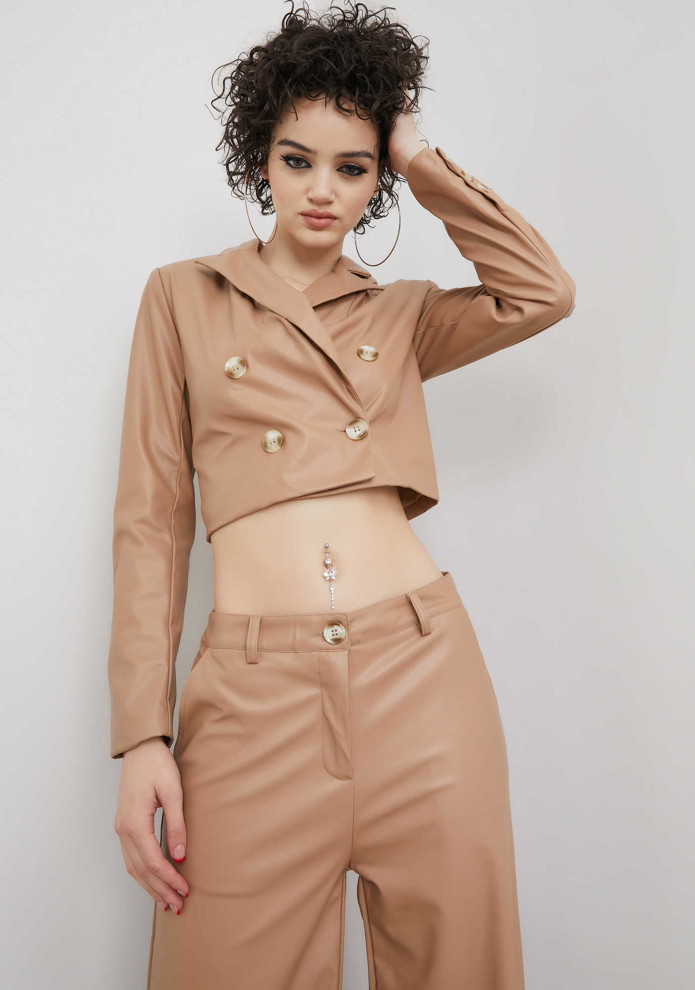 Vegan Leather Cropped Collared Jacket - Brown | Dolls Kill