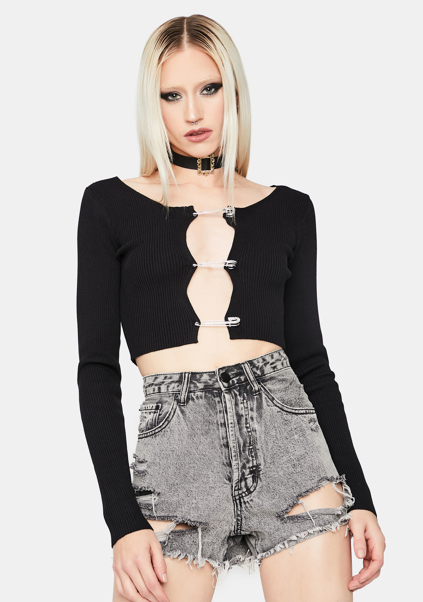 Safety Pin Closure Long Sleeve Crop Top - Black | Dolls Kill