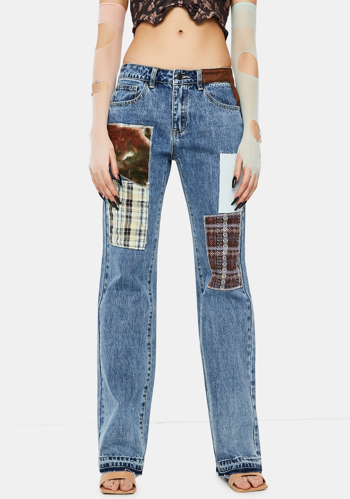 Jaded London Patchwork Check Mid Rise Boyfriend Fit Jeans | Dolls Kill