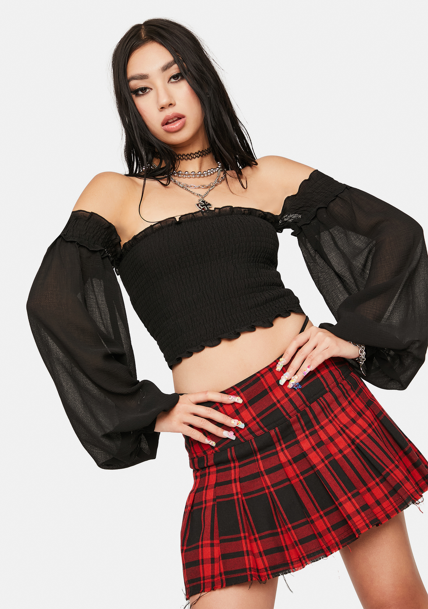 Puff Sleeve Off Shoulder Smocked Crop Top - Black | Dolls Kill