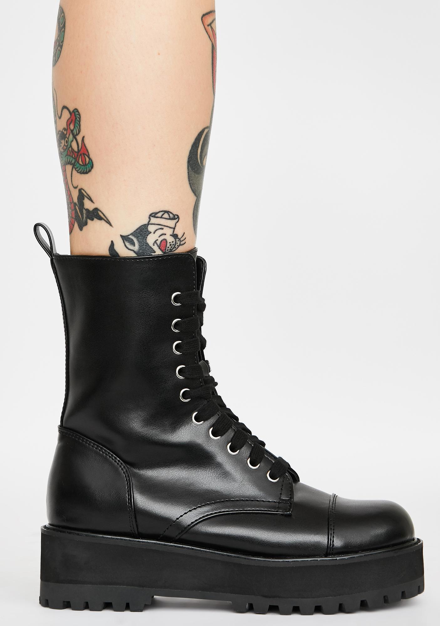 Current Mood Platform Sole Lace Up Boots Black Vegan Leather | Dolls Kill