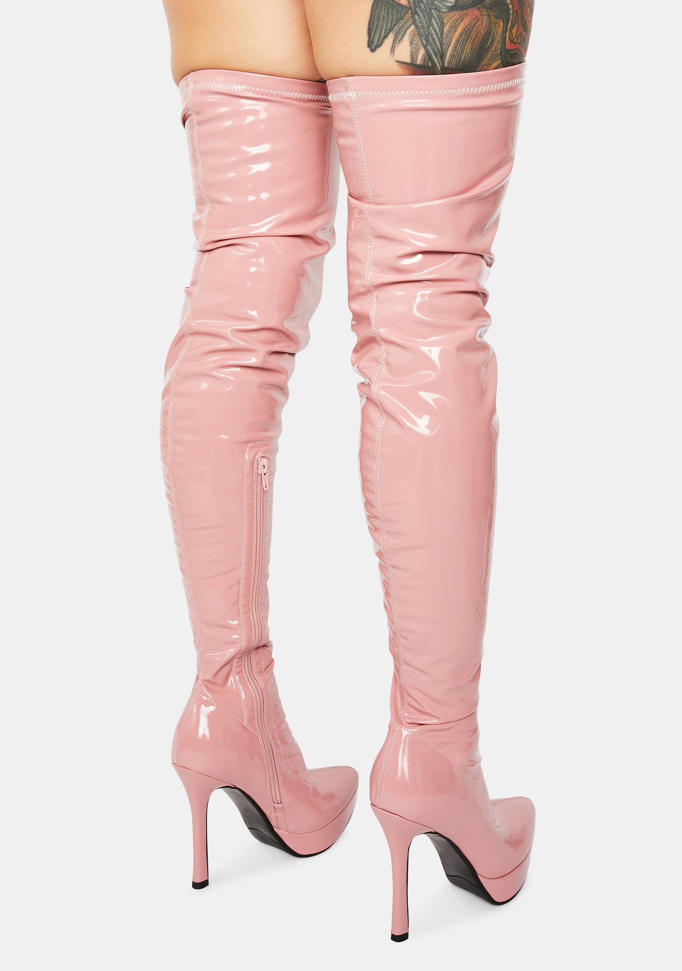pink patent thigh high boots
