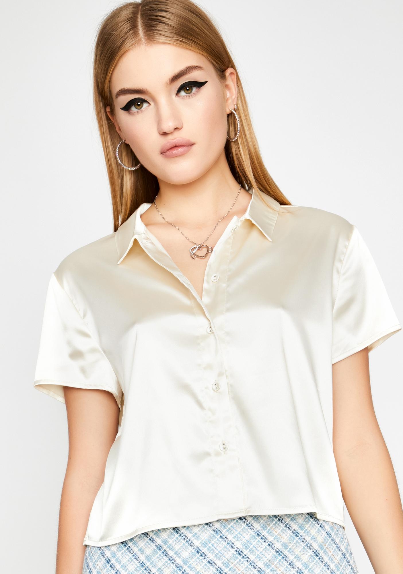 white satin short sleeve blouse