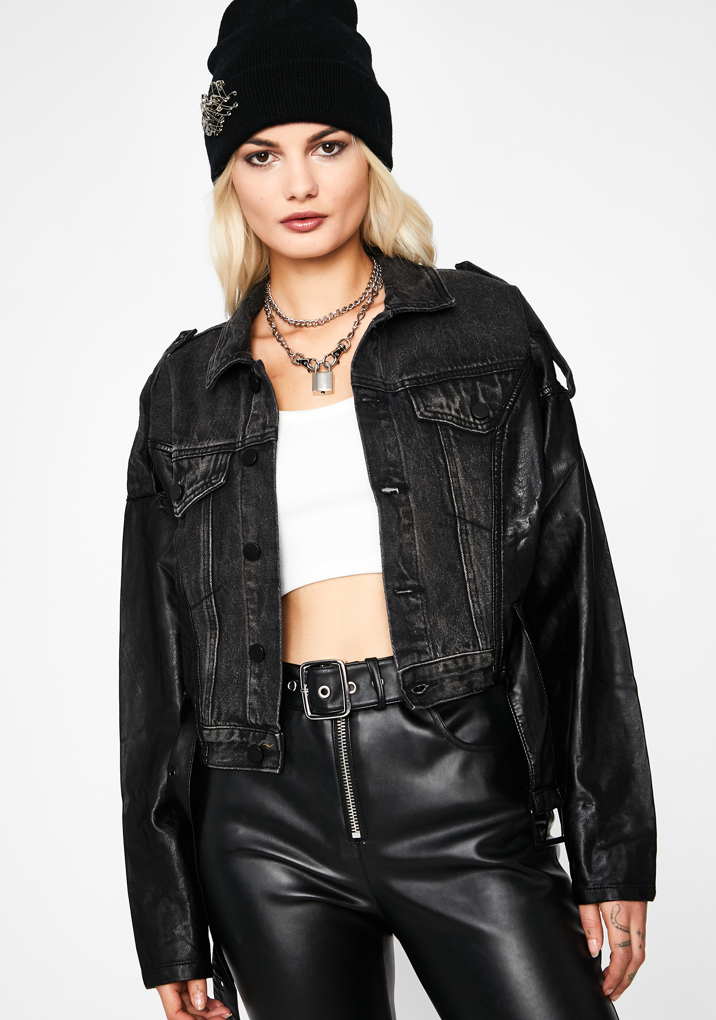 Denim Faux Leather Button Up Jacket Black | Dolls Kill