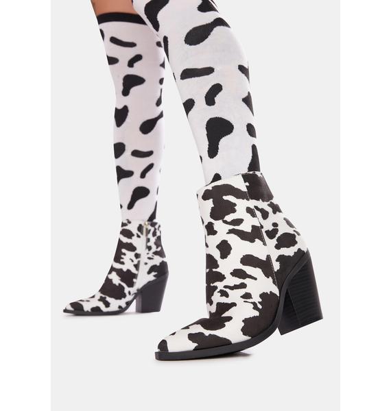 Cow Print Ankle Chunky Heel Boots - Black White | Dolls Kill