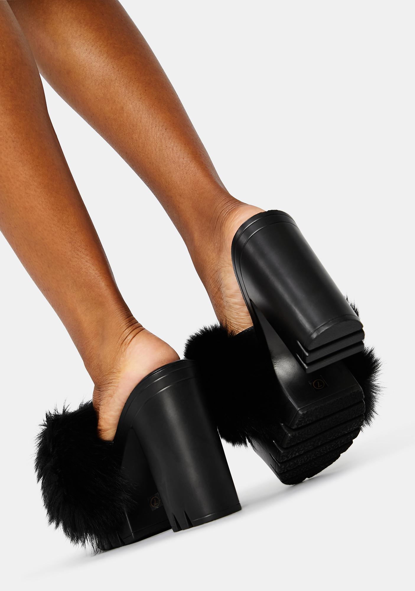 black fuzzy heels