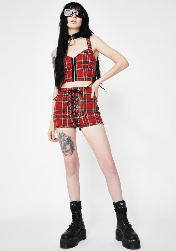 Tripp NYC Red Plaid Side Lace-Up Crop Top | Dolls Kill