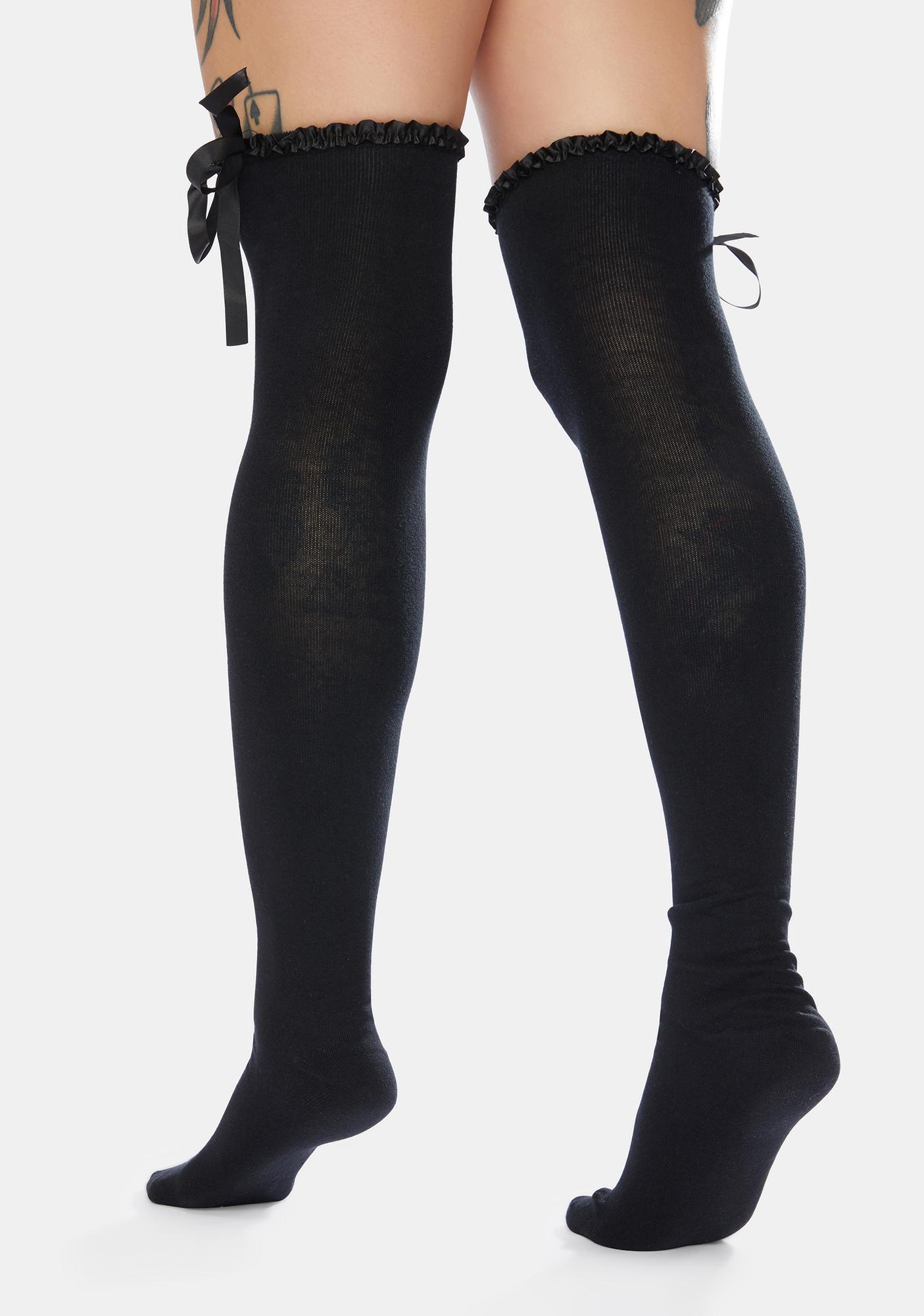 Ruffle Cuff & Satin Bow Thigh High Socks - Black | Dolls Kill