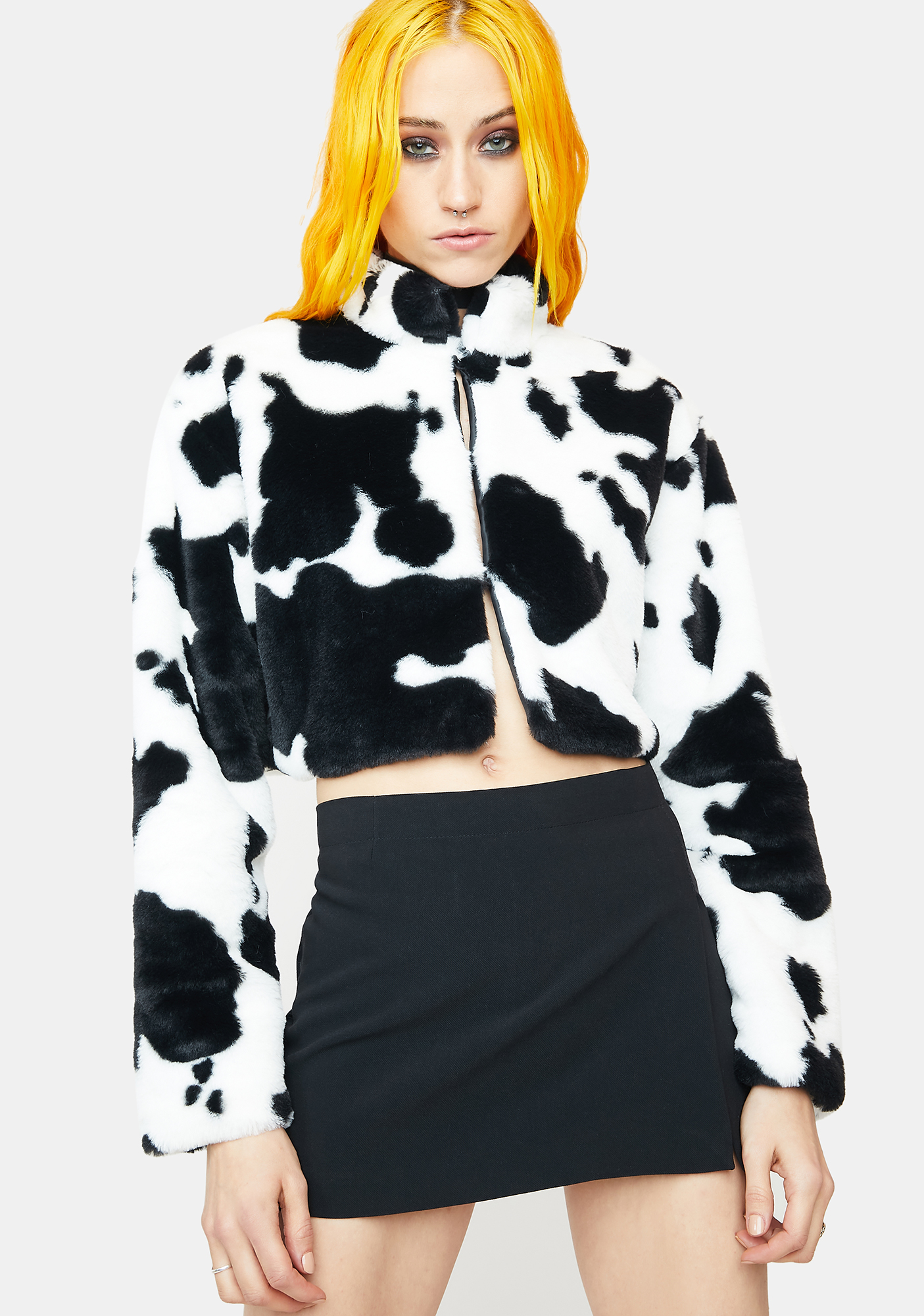 Cow Print Faux Fur Cropped Collar Jacket Dolls Kill