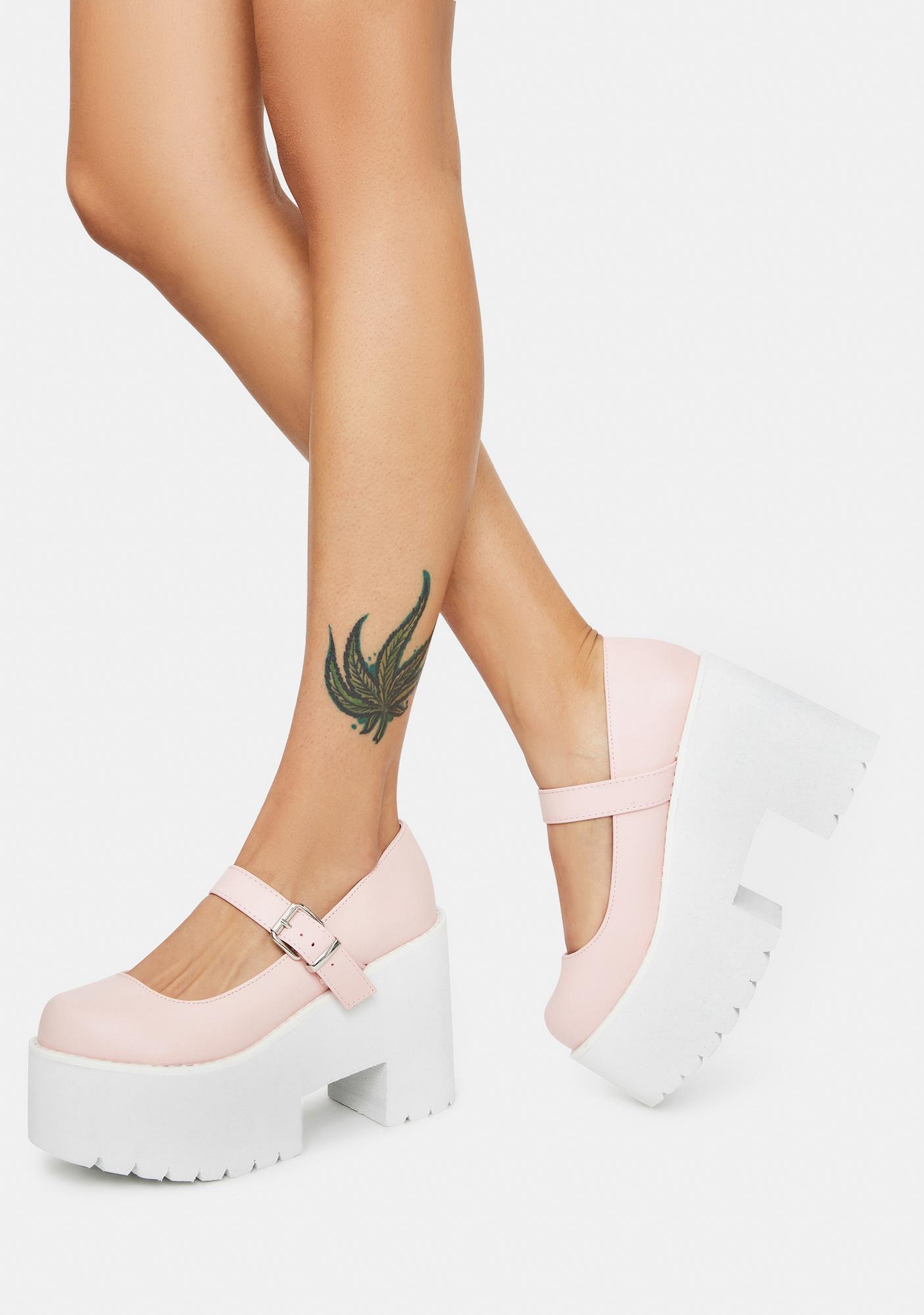 Chunky Block Heeled Platform Mary Janes Light Pink/White Dolls Kill