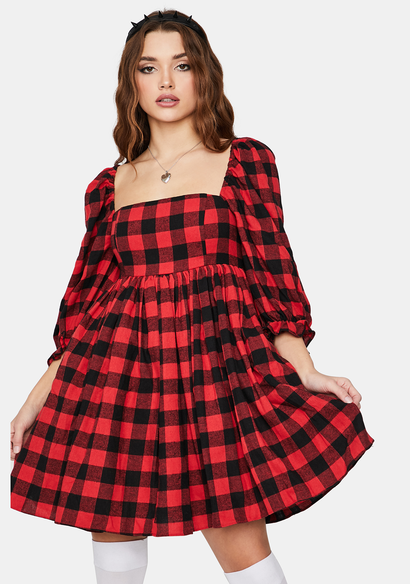 Puff Sleeves Babydoll Mini Dress Red Plaid Dolls Kill