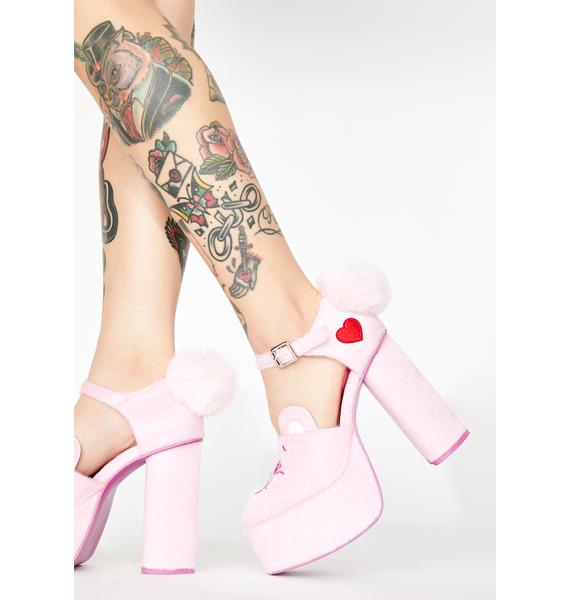 Dolls Kill X Care Bears Embroidered Faux Fur Platform Heels - Pink | Dolls Kill
