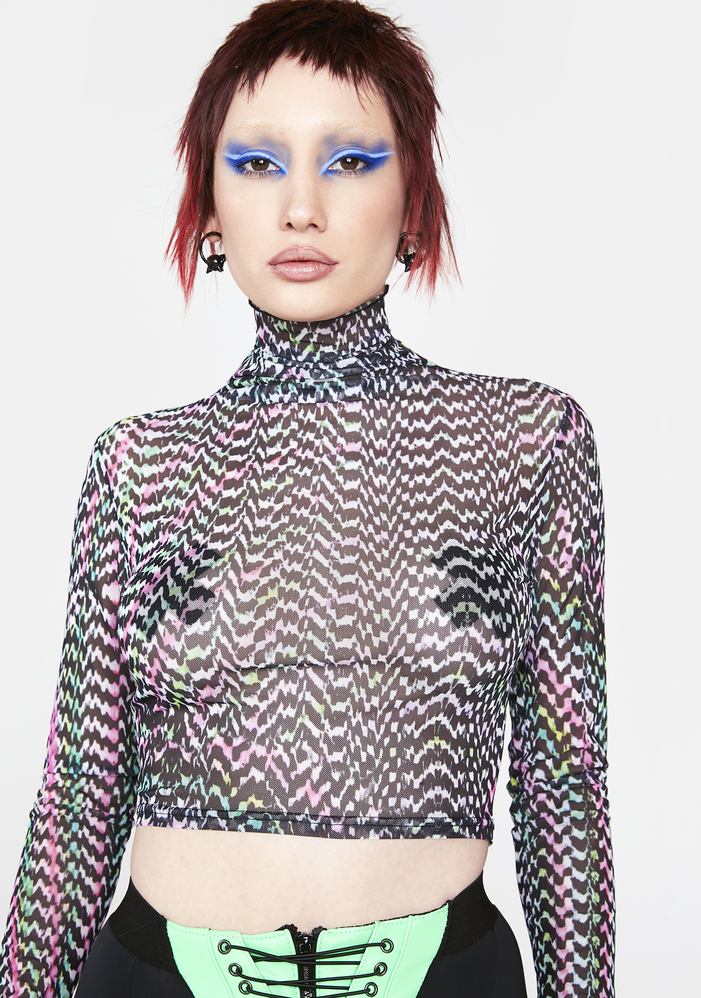 Digital Print Turtleneck Mesh Crop Top Dolls Kill