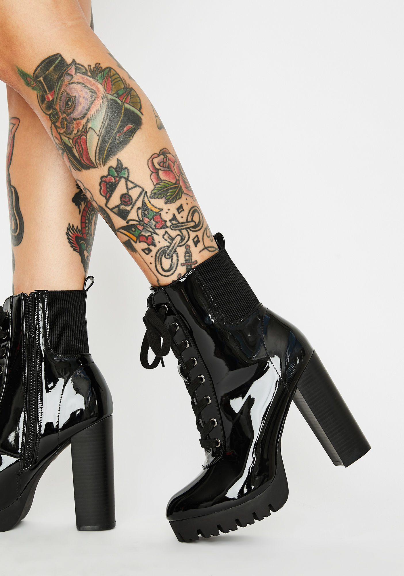 patent lace up heeled boots