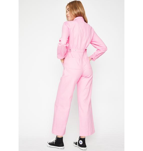 Pastel Long Sleeve Collared Boiler Jumpsuit Pink | Dolls Kill