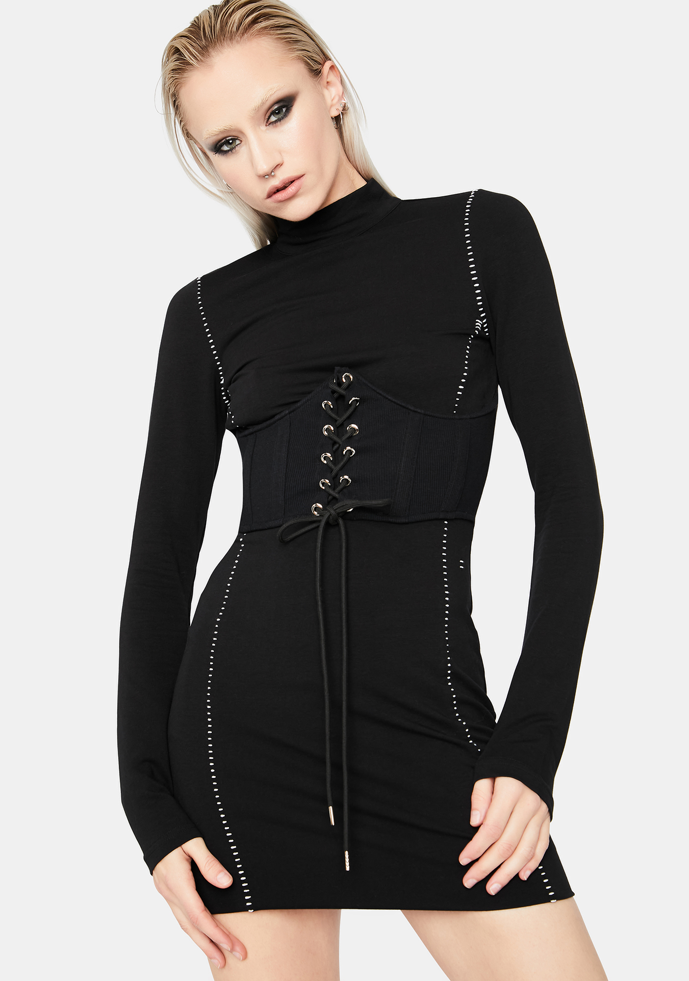 Mock Neck Contrast Stitch Bodycon Mini Dress With Corset Black Dolls Kill