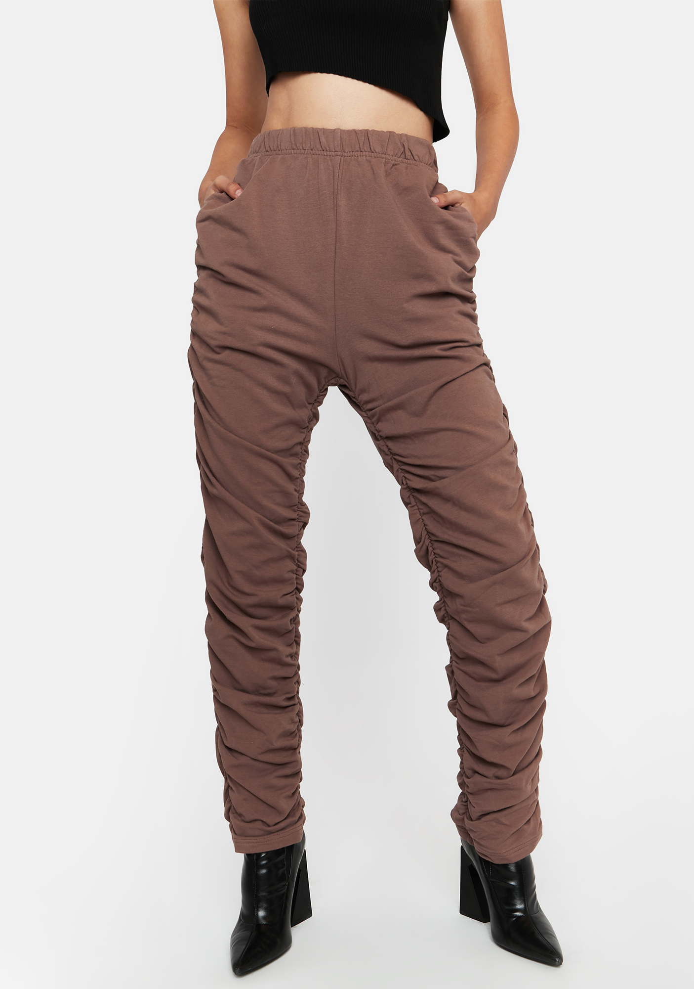 Ruched High Waisted Sweatpants - Brown | Dolls Kill
