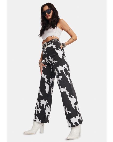 cow print wide leg jeans