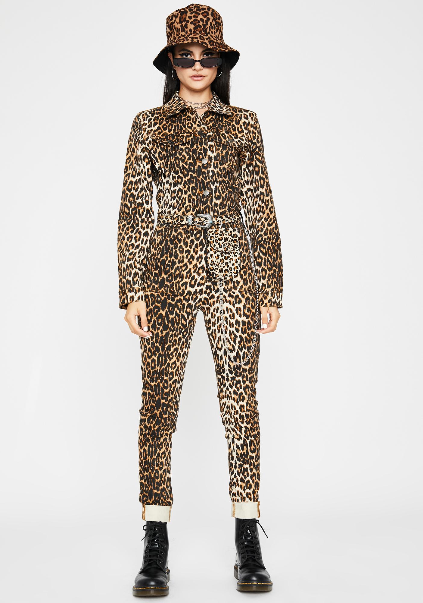 leopard print denim jumpsuit