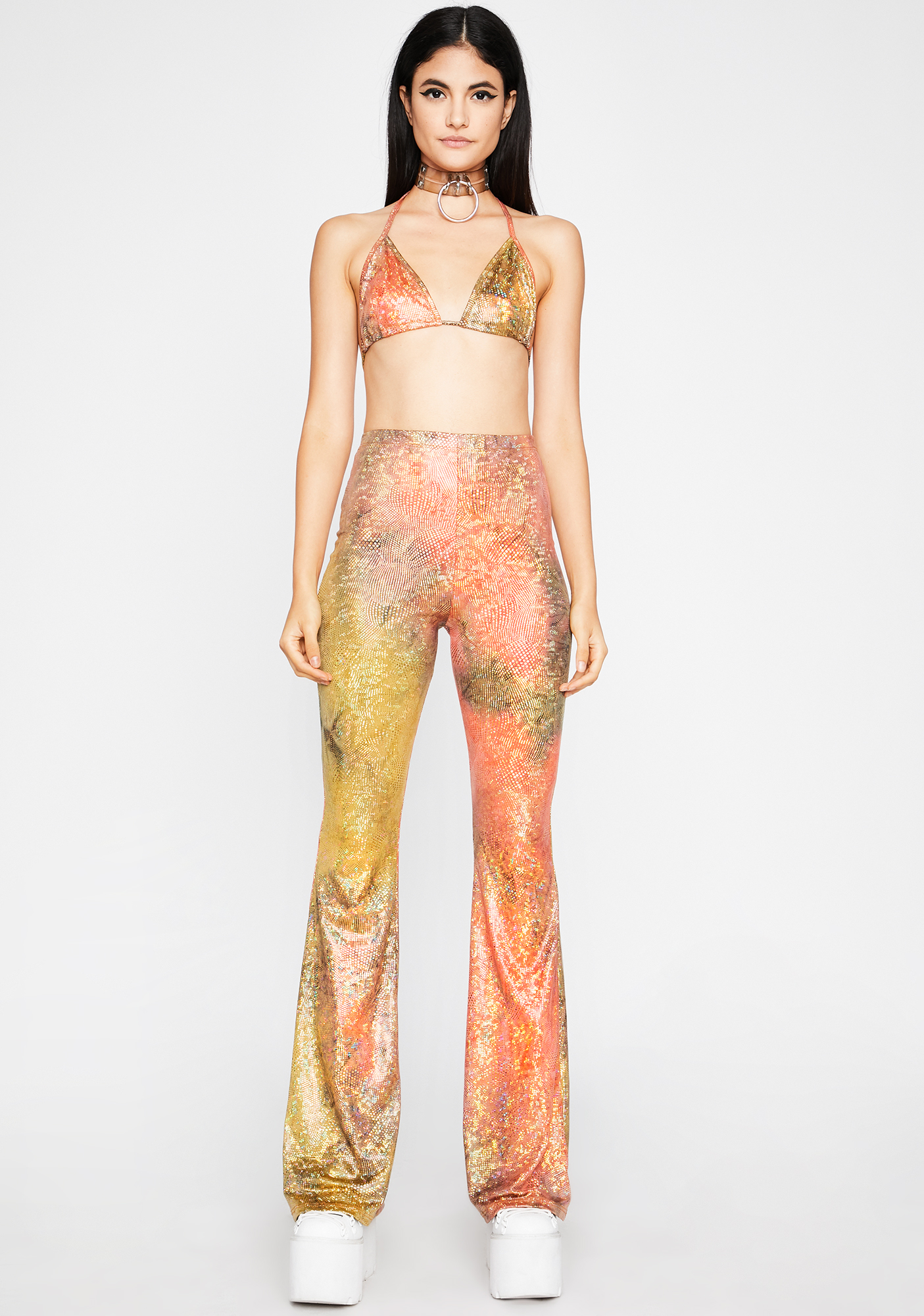 Gold Tie Dye Bikini Flare Pant Set Dolls Kill