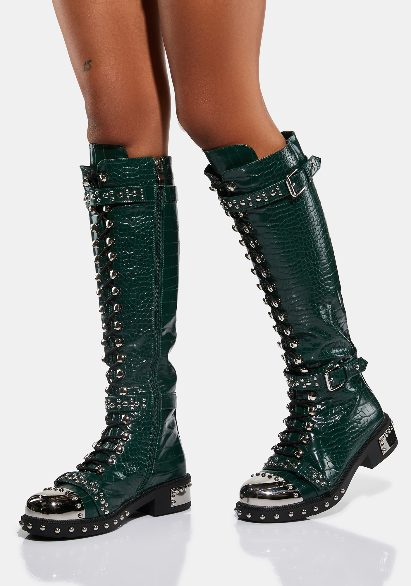 Azalea Wang Faux Leather Croc Lace Up Studded Boots - Green 