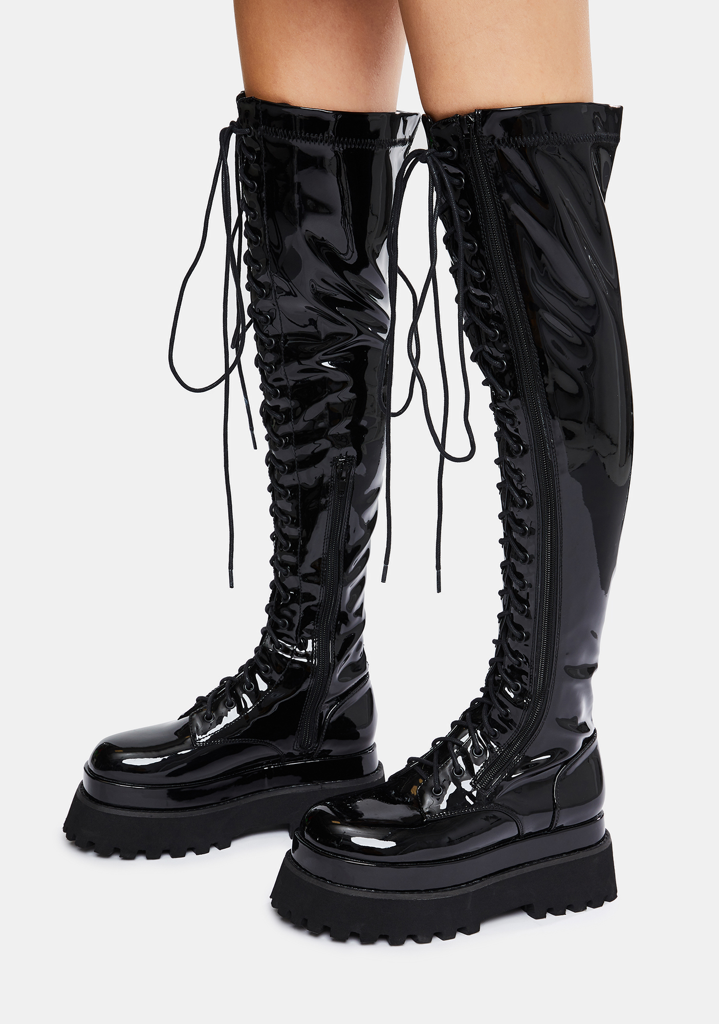 Current Mood Over The Knee Combat Boots Black Patent Dolls Kill 6573